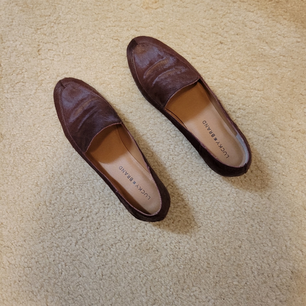 Lucky Brand Women Camdyn Calf Hair Loafers Size 8 Sugar Red Merlot wine Color